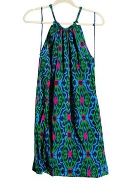 Escapada Bright Geometric Halter Dress in Blue, Green & Pink Size XS